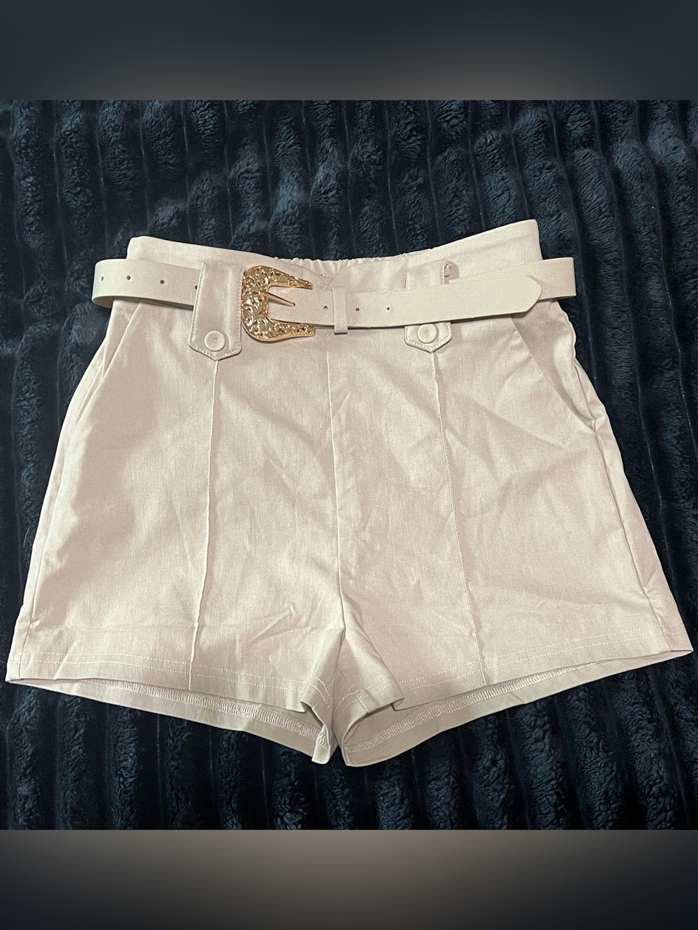 Beige High Waist Paperbag Shorts w Belt Medium Stretch Casual Dressy Summer